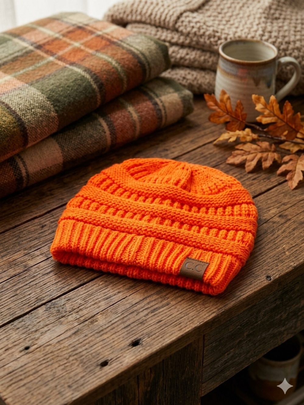 CC Orange Knit Beanie with Ribbed Cuff